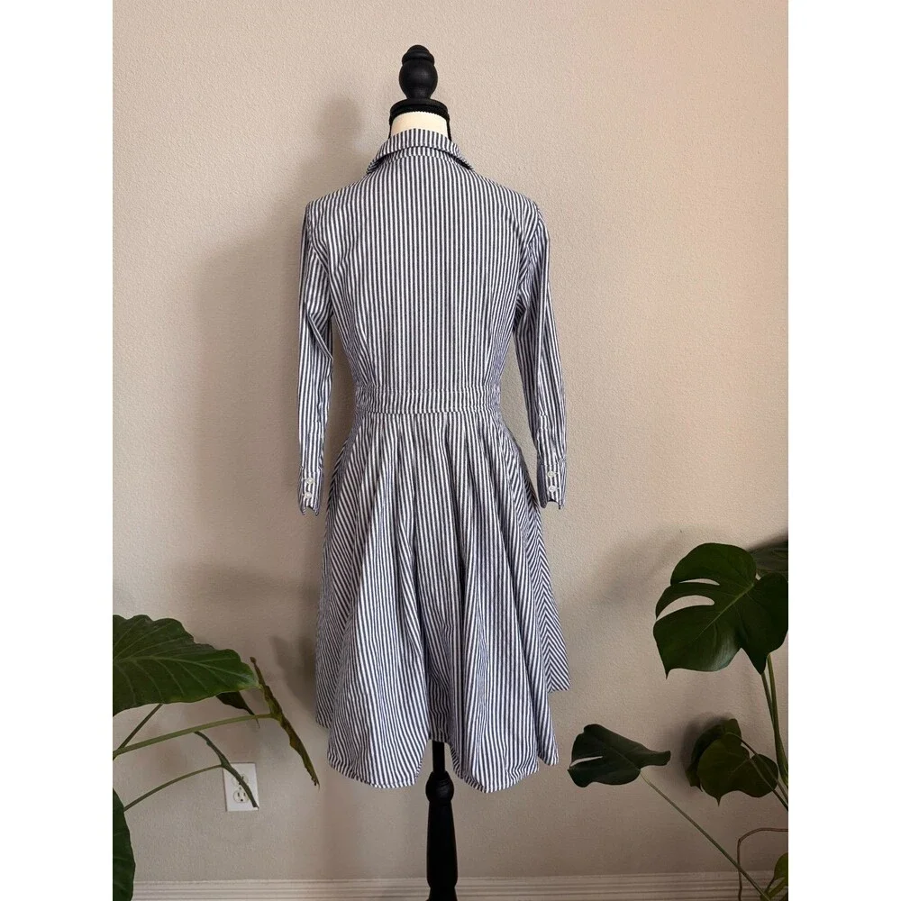 Eliza J Blue White Striped Shirt Dress 100% Cotton Button Front Size 4 Pockets - Picture 3 of 12